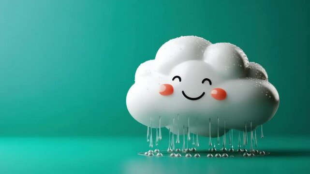 Rainy Cloud: A smiling cartoon cloud drizzles happy raindrops, its cheerful expression radiating positivity and joy, against a vibrant aqua backdrop.