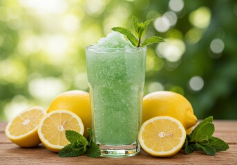 Refreshing lemon and mint granita, served outdoors, blurred bokeh background