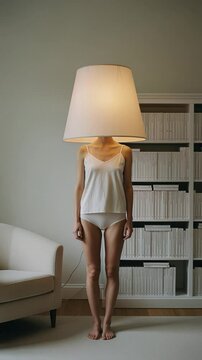Woman with Lamp Shade on Head, Minimalist Studio Portrait
