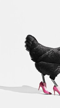 Black hen wearing pink high heels on a white background