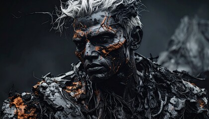 Anonymous Male with Platinum Hair and Cyan-Orange Face Paint in Charcoal 3D Light