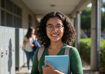 Happy student girl in glasses holding book, in school hallway, smiling for college