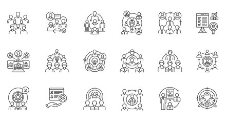 Teamwork and collaboration linear icons for business concepts