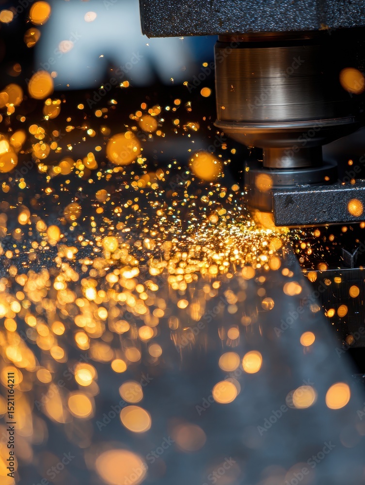 Poster close-up of a metalworking process showing sparks flying from a cutting tool in action