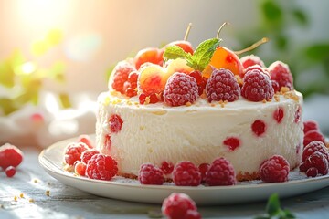 The surface of the ice cream cake is smooth, adorned with fruits and mint leaves