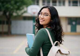 Smiling Asian college student with books walks through schoolyard at campus