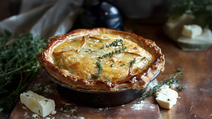 Golden brown chicken pot pie with fresh thyme on rustic wooden table.