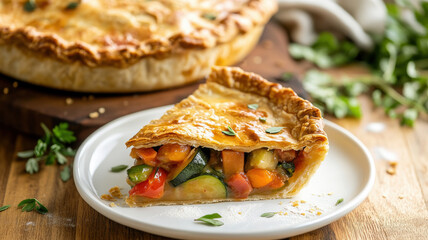 Delicious homemade vegetable pie slice with flaky crust on a rustic wooden table.