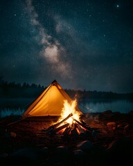 At the campsite at night, a bonfire burns in front of the tent