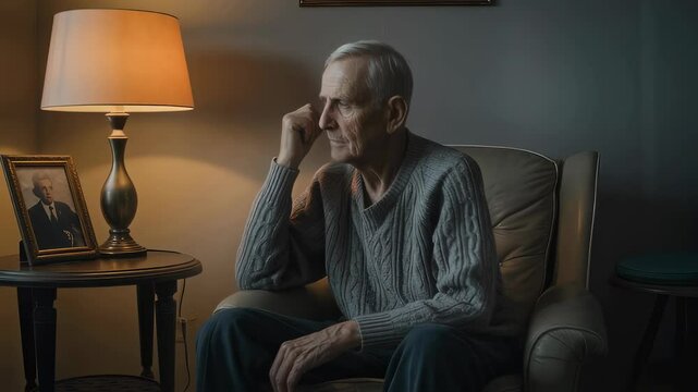 Elderly man sitting alone in armchair looking sad, concept of loneliness, depression, and memory loss in aging.