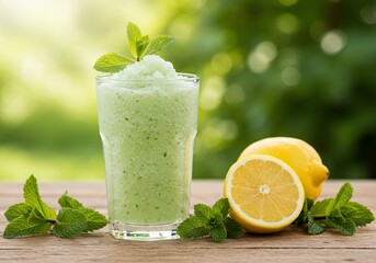 Refreshing mint and lemon frozen drink on wood, bokeh garden background
