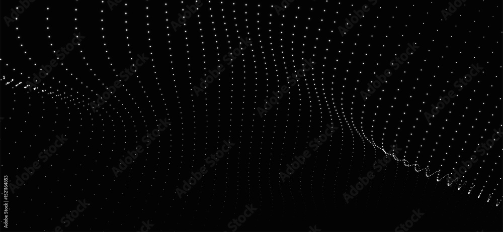 Poster abstract background with dynamic black and white wave. futuristic dotted wave of bright particles on