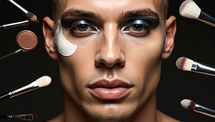 Faceless Pale Male with Shimmering Makeup and Floating Cosmetic Tools in a Studio Setting