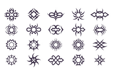 Set of Tribal Symbol Designs. Abstract Geometric and Nature-Inspired Icons for Tattoos, Logos, or Decorative Art Elements Vector Illustration
