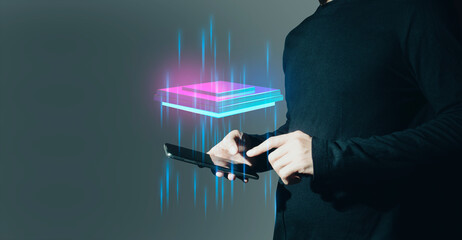 hand of businessman interactive touching a holographic of transaction financial network data...