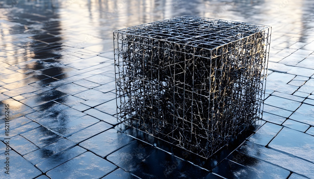 Poster intricate metal cube structure on a paved surface.