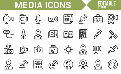 Set of Media Tools Icons Representing News, Camera, and Broadcasting Equipment