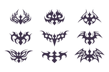 Set of Tribal Symbol Designs. Abstract Geometric and Nature-Inspired Icons for Tattoos, Logos, or Decorative Art Elements Vector Illustration