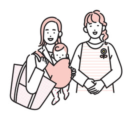 シンプル　イラスト　ベビーシッターの若い女性と赤ちゃんとママ