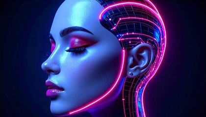 Profile of Faceless Male with Red Eyeliner, Pearl Adornments, and Cyberpunk Neon Makeup