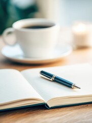 A serene coffee moment with an open notebook and pen on a wooden table, soft background light