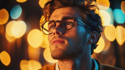 A close up portrait of a pensive bespectacled man with curly hair and a beard his face bathed in a warm atmospheric glow from the soft blurred lighting