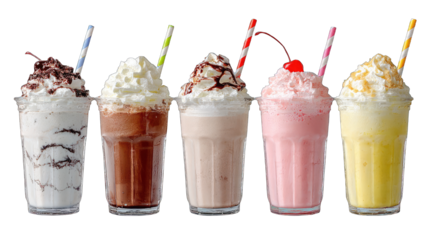 Four colorful milkshakes in glasses, topped with whipped cream and various garnishes