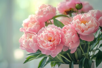 A pot of peonies quietly blooms, with distinct layers of petals and a soft background