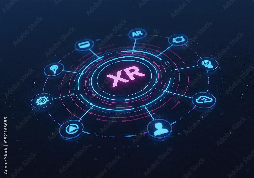 Poster futuristic xr technology interface with digital augmented reality icons on dark background