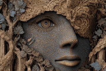 Intricate Portrait of an Artistic Face Surrounded by Nature-Inspired Textures and Organic Patterns