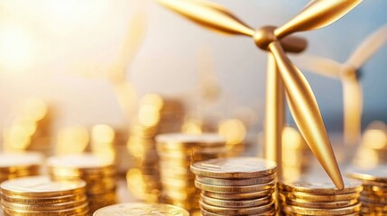 Golden wind turbines and stacks of golden coins illustrating the potential of renewable energy to decentralize and transform the power industry