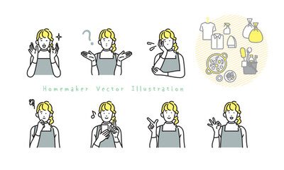 シンプル　イラスト　主婦の表情とポーズのバリエーション 人物セット
