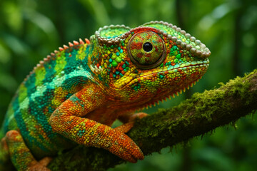 Obraz premium Colorful chameleon on mossy branch in wildlife nature environment showing detailed scales and vibrant green orange pattern in natural habitat