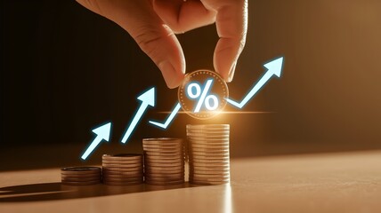 Financial Growth: A hand meticulously places a coin atop a stack, the rising trajectory of an upward arrow symbolizes consistent growth and success in the realm of finance and economics.