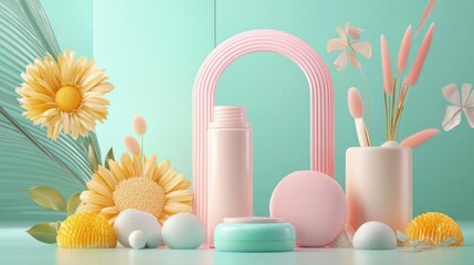 An assortment of pastel colored skincare and beauty products including a bottle soap sponge and brushes
