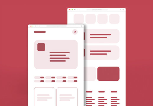 UI Kit Wireframe Template with Red and Pink Color Elements for Web Design