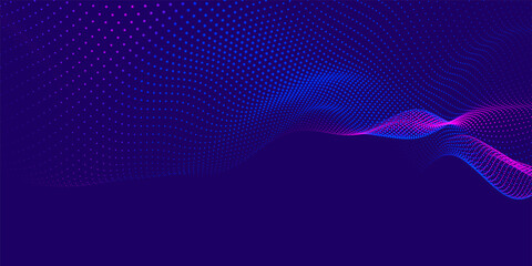 Abstract background with dynamic color wave. Futuristic dotted wave of bright particles. Colorful background for presentation design. Wide format 3D illustration. Weave effect.