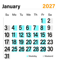 Obraz premium Minimal vector calendar for January 2027 with color-coded weekdays and weekends, ready for print and digital planning