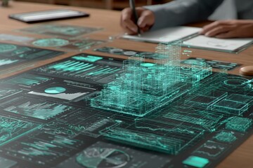 Digital 3D city model overlay on desktop with data analysis charts and graphs for modern urban planning and design projects