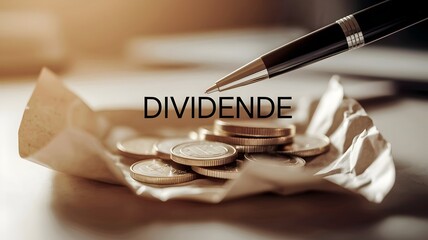 Dividend Payment: Close-up of a pile of coins on crumpled paper with a pen hovering above, the word "DIVIDENDE" prominently displayed, symbolizing financial return and investment success.