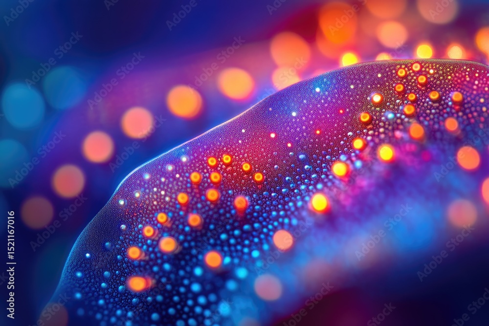 Poster vibrant abstract artwork featuring a wave-like surface adorned with luminous droplets and bokeh ligh