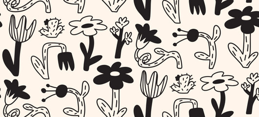 Seamless Doodle Pattern with Hand Drawn Flowers Tulips Cactus and Botanical Elements. Black Childlike Crayon Style Floral Composition. Vector Illustration.