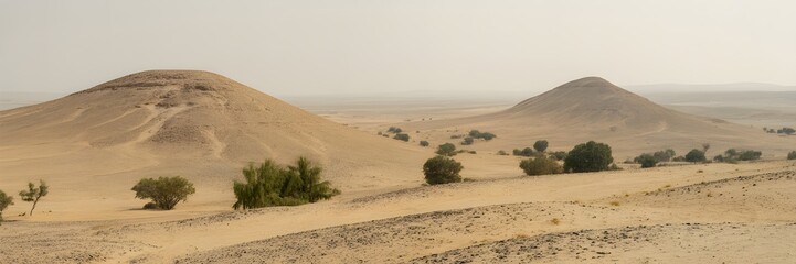 Naklejka premium Ancient Desert Mounds: Two ancient mounds rise majestically from the arid landscape, hinting at forgotten civilizations and untold stories.