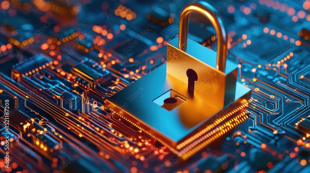 Poster a close up view of a circuit board with a padlock symbolizing the importance of cybersecurity and da