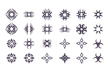 Set of Tribal Symbol Designs. Abstract Geometric and Nature-Inspired Icons for Tattoos, Logos, or Decorative Art Elements Vector Illustration