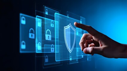 Cybersecurity protection interface with hand activating holographic shield and lock icons, no text, futuristic blue tech visual