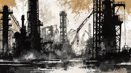 Obraz premium Black and White Industrial Oil Refinery Silhouette with Smoke 