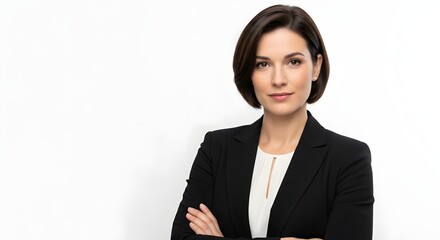 A confident businesswoman in a professional suit poses with a serious and engaging expression, ready for any business challenge or professional opportunity.