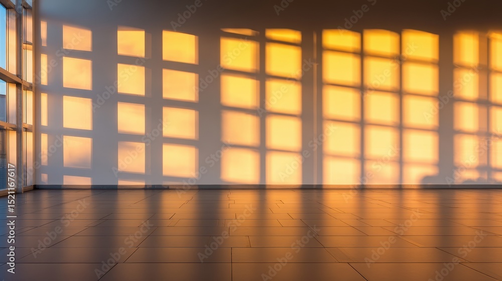 Poster sunset shadows cast on a modern interior space, creating warm patterns on the floor