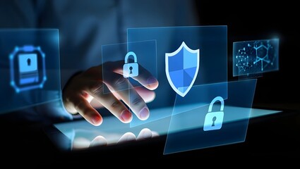 Cybersecurity protection interface with hand activating holographic shield and lock icons, no text, futuristic blue tech visual